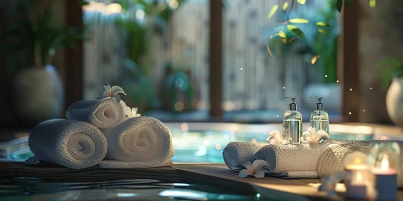Aufgerollte Handtücher mit Vanilleblüten, Pedalen und Körperölen vor einem Whirlpool