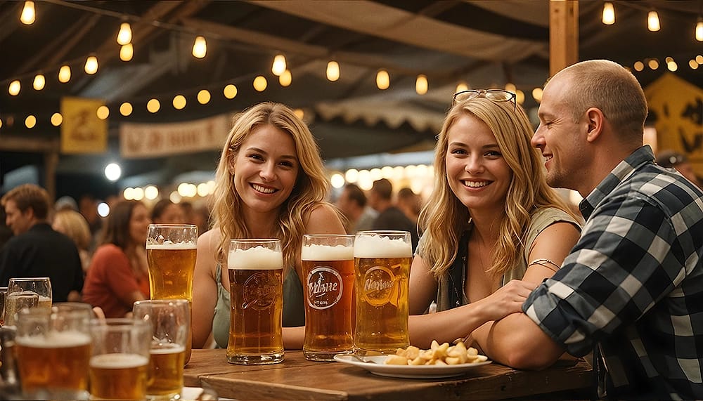 eine Gruppe von Freunden, die lächelnd an einem Tisch mit Bier und Essen in einem Bierzelt auf Cannstatter Volksfesten sitzen
